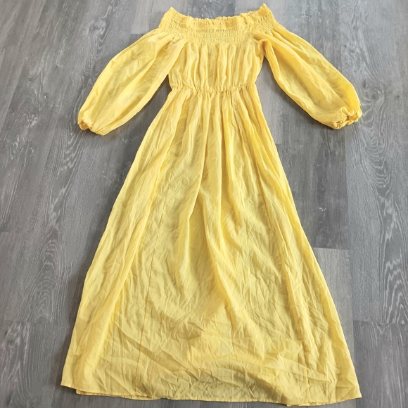 H&M Juliet Sunny Yellow Smocked Off The Shoulder Balloon Sleeve Midi Maxi Dress - Picture 3 of 8